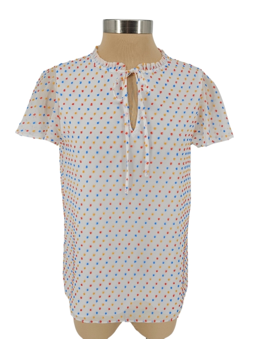 Draper James Shirt White Swiss Polka Dot Short Sleeve Ruffle Keyhole Neck Small - Picture 1 of 7